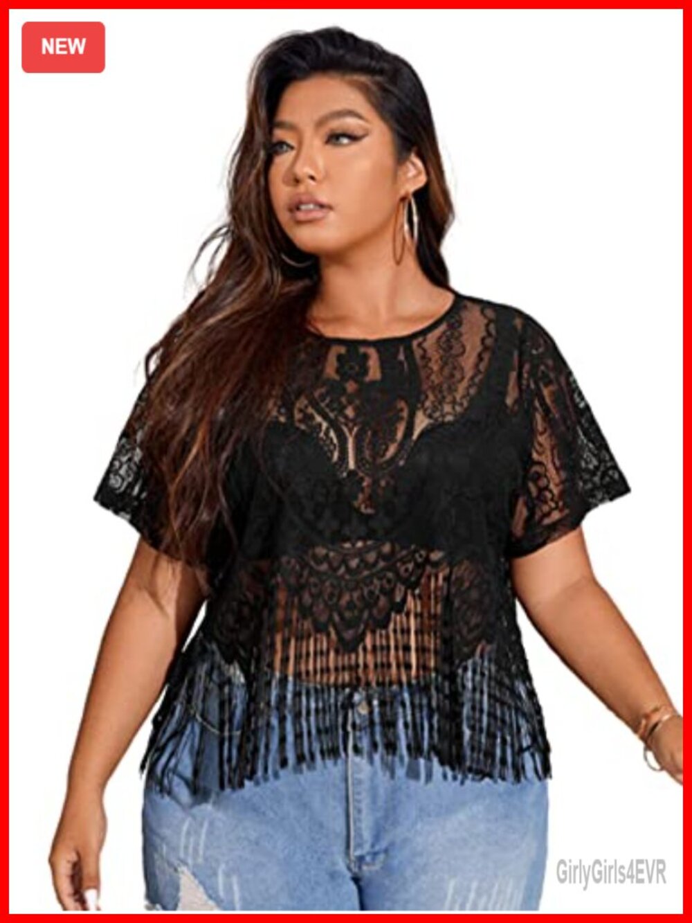 Plus Size Sheer Lace Fringe Tee Short Sleeve Western Blouse
